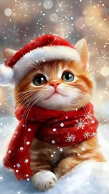 Orange kitten in red winter clothing with snow background.