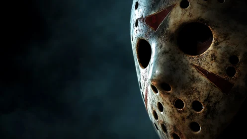 Weathered hockey mask emerges from dark blue mist