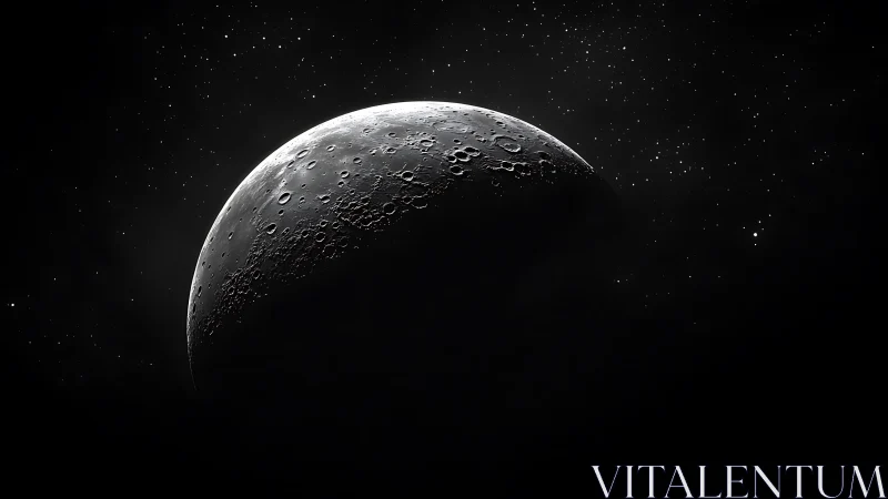 Crescent moon rises in deep space against starry silence