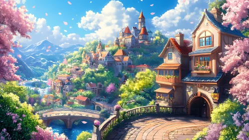 Sunlit fantasy hillside town glows amid cherry blossoms