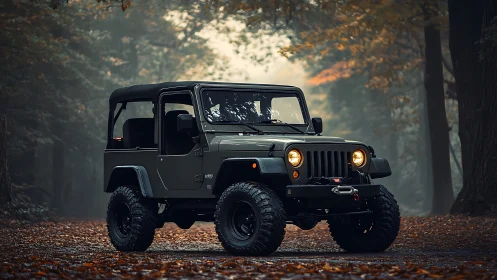 Forest mist hums while a rugged off-road Jeep stands ready