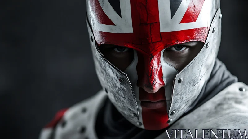 Armored figure in Union Jack helmet facing forward closely.
