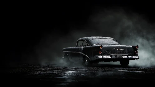 Rain-soaked noir cruiser idling in a lonely midnight mist.