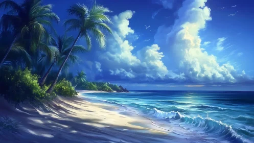 Tropical Shoreline Rendering: Palm-Lined Beach with Dynamic Oceanic Wave Formations