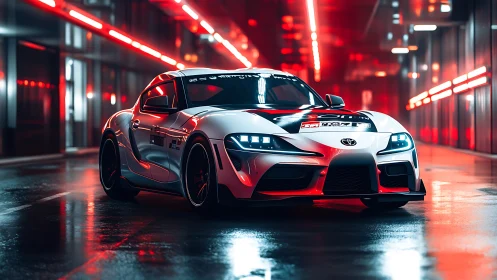 Aerodynamic Toyota GR coupe under neon tunnel illumination.