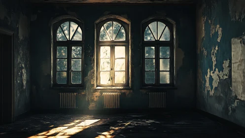 Tri-arched windows in decayed interior under raking light.