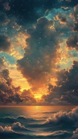 Sunset storm clouds rise over luminous turquoise ocean