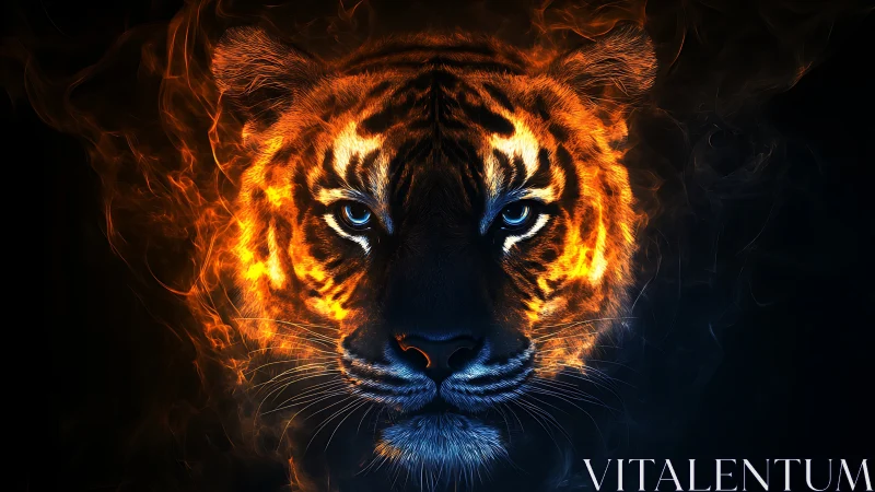 Symmetrical tiger portrait with fire and smoke effects.