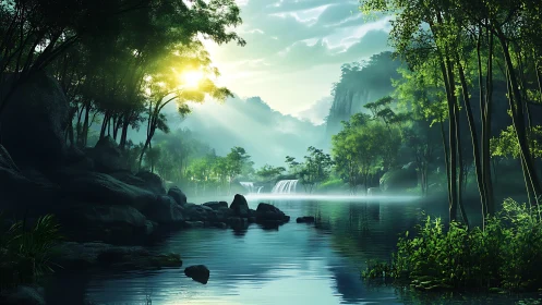 Dense riverside forest with distant waterfall at sunrise.