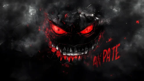 Volumetric smoke revealing a jagged neon-red demonic grin.