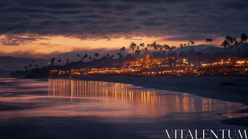 Coastal resort skyline renders warm bokeh lighting at dusk