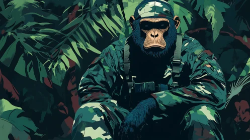 Camouflaged chimp soldier crouches in dense jungle foliage.