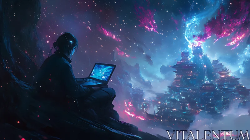 Lone coder with laptop overlooking neon cosmic cityscape.