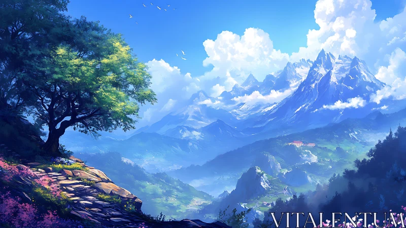 Sunlit mountain valley under vivid blue alpine sky.