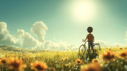 Child with bicycle in sunny flower field at horizon.