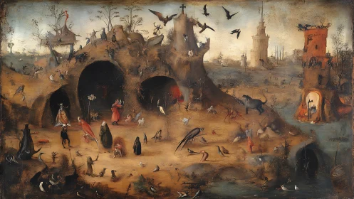 Apocalyptic desert landscape stages grotesque infernal rituals