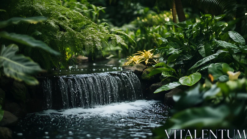 Small garden waterfall surrounded by dense tropical plants.