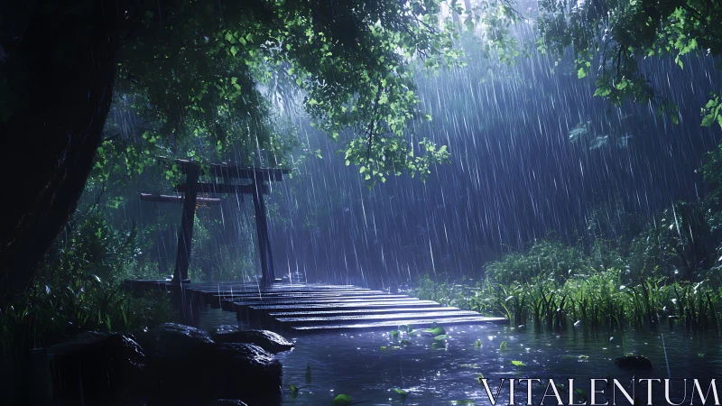 Rain-soaked forest shrine bridge glows in tranquil twilight