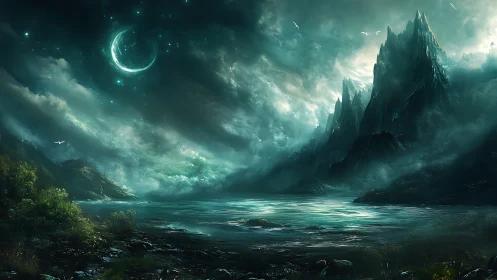 Emerald moonlit fjord under towering jagged peaks.