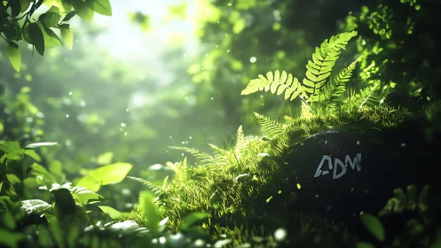 Sunlit forest fern and moss on rock with ADM text focus.