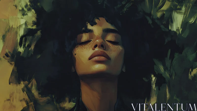 Serene freckled portrait in abstract green brush textures