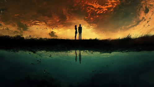 Two Figures Silhouetted Against Dramatic Sunset Over Water.