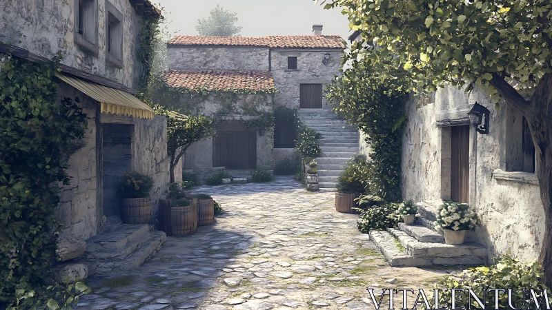 Quiet stone village alley with plants and warm light.