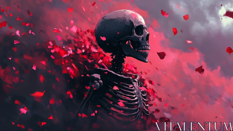 Skeletal torso dissolving into red petal particulate cloud.