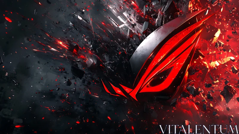 Red illuminated emblem fragments outward in dark 3D space