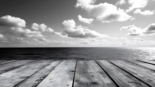 Weathered wooden pier meets calm horizon under bright clouds.
