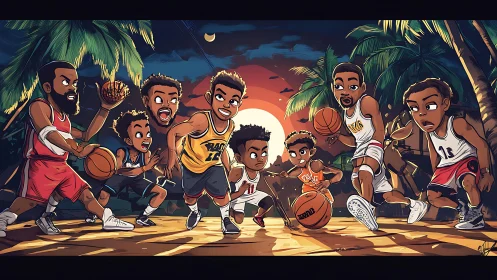 Sunset island street basketball with stylized cartoon players.