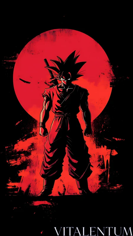 Silhouetted warrior stands before large red painted sun