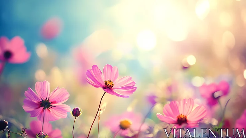 Pink Cosmos Flowers in Soft Bokeh Sunrise.