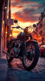 Retro cafe racer motorcycle stands under cinematic sunset sky
