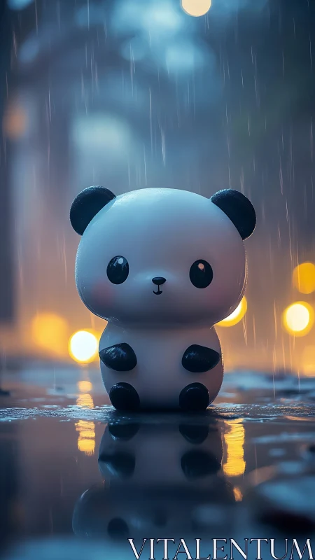 Little rainy-night panda glowing in puddled streetlight.