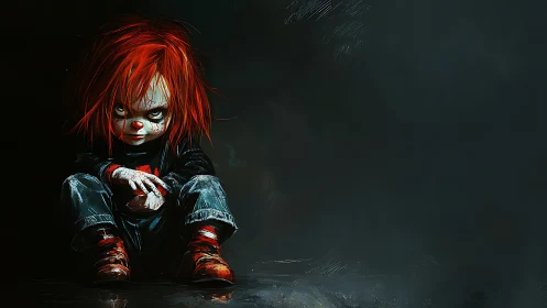 Red haired doll figure seated in dark empty space.