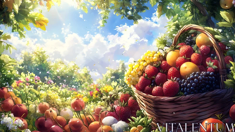 Sunlit orchard harvest with vibrant fruit basket centerpiece.