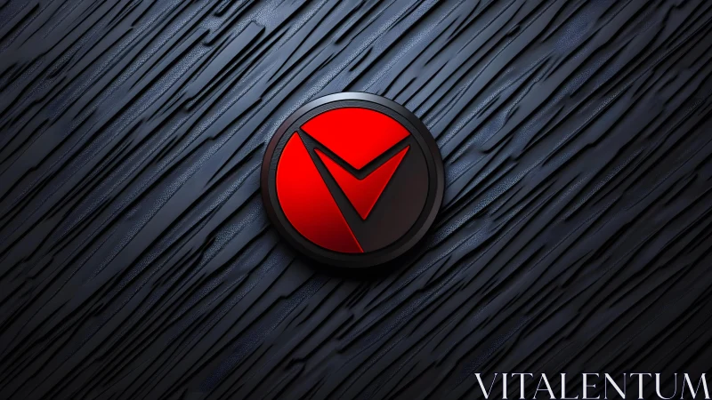 Bold red geometric emblem on textured dark abstract background.