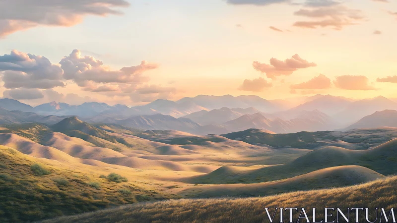 Digital landscape of sunlit dunes and layered mountainscape.