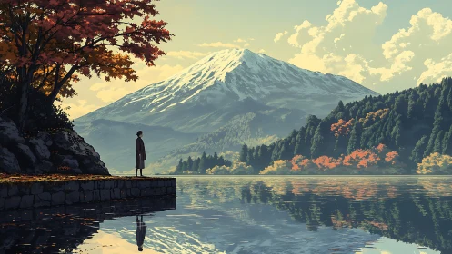 Solitary figure beside calm lake under autumn mountain.
