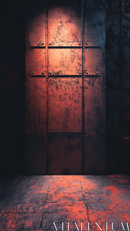 Rust-scarred industrial steel door in dramatic corridor lighting.