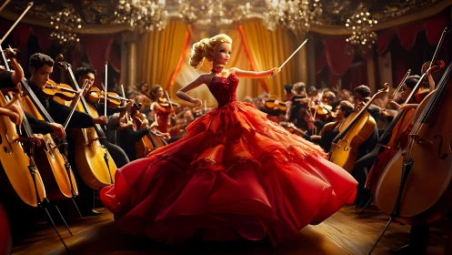 Female conductor in red gown leads orchestra in ornate hall