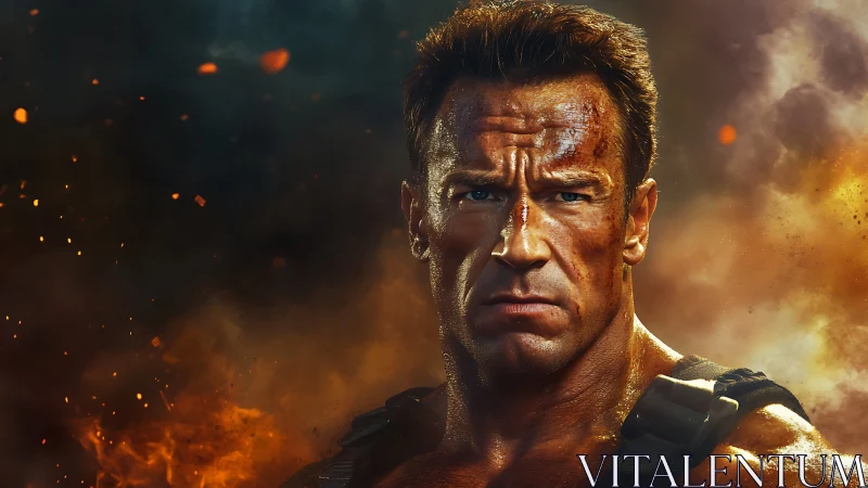 Battle worn soldier portrait amid smoke and sparks.