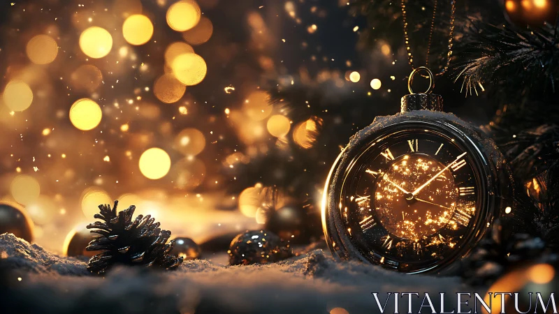 Glowing pocket watch ornament in snow with festive bokeh lights