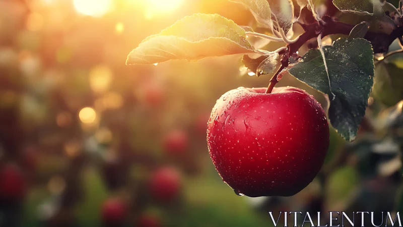 Macro study of dewy red apple under backlit orchard sun.