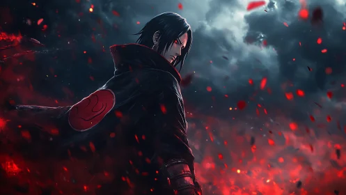 Stormlit anime warrior in crimson ember-strewn battlefield.