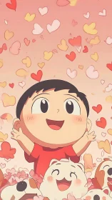 Joyful child and friends surrounded by floating pastel hearts.