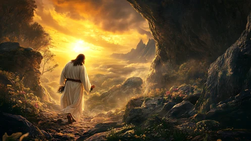 Figure in white robe walks toward vivid golden sunrise landscape.