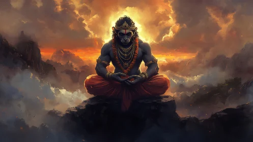 Mythic simian deity meditates amid storm-lit mountain clouds