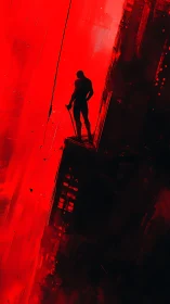 Lone rooftop watcher sharpens silence inside a red storm